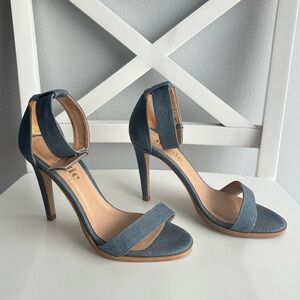 The Mode Collective Linen Stiletto Heeled Sandals w/ Ankle Straps in Denim Blue